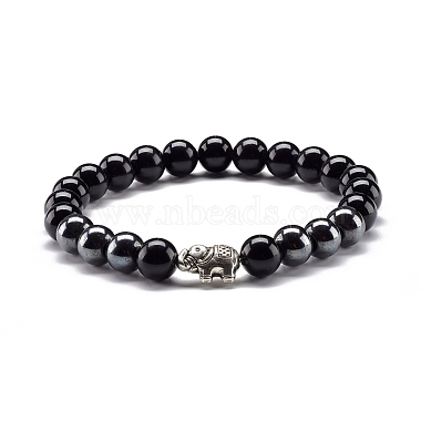 Natural Obsidian & Non-Magnetic Synthetic Hematite Round Beads Stretch Bracelet for Men Women(BJEW-JB06968)-2