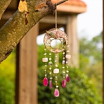 Round Natural Gemstone Chips Hanging Suncatchers, with Glass Beads & Iron Ring and Brass Wire for Outdoor & Garden Decor, Golden, 355mm(RN-CBA387D-05G)