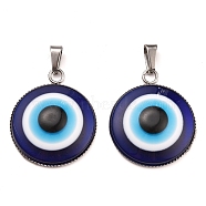 Handmade Evil Eye Lampwork Pendants, with 304 Stainless Steel Serrated Edge Bezel Cups, Half Round, Stainless Steel Color, 31x26x7mm, Hole: 7x3mm(STAS-O127-01P)