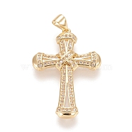 Brass Micro Pave Cubic Zirconia Pendants, Cross, Clear, Real 18K Gold Plated, 34.5x23.5x3.5mm, Hole: 5.5x3.5mm(KK-M210-01G)