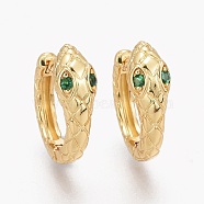 Brass Micro Pave Clear Cubic Zirconia Huggie Hoop Earrings, Long-Lasting Plated, Snake, Green, Real 18K Gold Plated, 18x14.5x5.5mm, Pin: 1mm(EJEW-L231-52G)