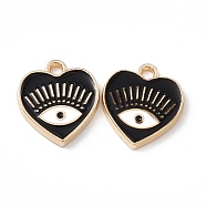 Alloy Enamel Pendants, Golden, Heart with Eye Charm, Black, 14.5x13x1.5mm, Hole: 1.6mm(X-ENAM-K066-08C)