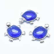 Blue Watermelon Stone Glass Pendant, with Alloy Findings, Tortoise, Platinum, Dyed, 38x30.5x8.2mm, Hole: 3x4.5mm(G-G759-B15)