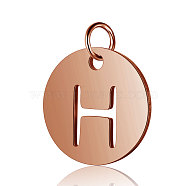304 Stainless Steel Charms, Flat Round with Letter, Rose Gold, Letter.H, 12x1mm, Hole: 2.5mm(STAS-S105-T514R-H)