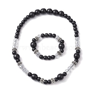 Natural Wood & Glass Beaded Necklaces and Stretch Bracelet, Jewelry Set, Black, Necklaces: 21 inch(53.2cm), Bracelets: Inner Diameter: 2 inch(5cm)(SJEW-JS01286)