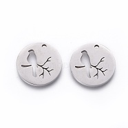 201 Stainless Steel Pendants, Manual Polishing, Flat Round with Bird, Stainless Steel Color, 16x1.5mm, Hole: 1.5mm(X-STAS-F231-034P)