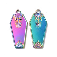 Ion Plating(IP) Halloween 304 Stainless Steel Pendants, Coffin with Spider Charm, Rainbow Color, 32x14x2mm, Hole: 2.5mm(STAS-H212-30MC)