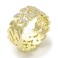 Brass Micro Pave Cubic Zirconia Rings for Women, Long-Lasting Plated, Leaf, Golden, 8mm, Adjustable(RJEW-E295-10G)