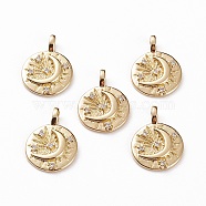 Brass Micro Pave Clear Cubic Zirconia Pendants, Flat Round with Moon & Star, Real 18K Gold Plated, 18x13x4mm, Hole: 2x3mm(X-KK-C100-06G)