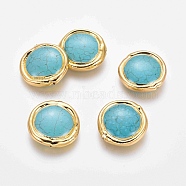 Synthetic Turquoise Beads, with Brass Findings, Flat Round, Dyed, Golden, 20~24x20~21x6mm, Hole: 0.8mm(KK-F802-08G)