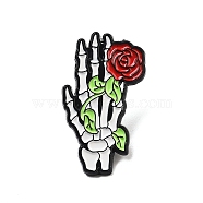 Alloy Enamel Pins, Gothic Brooches, Red Rose Skeleton Hand, 31x18mm(JEWB-U008-02C)