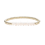 Natural Pearl & Brass Beaded Stretch Bracelet for Women, Old Lace, Inner Diameter: 2-1/4 inch(5.8cm)(BJEW-JB08164-01)