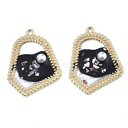 Epoxy Resin Pendants, with Shell and ABS Plastic Imitation Pearl, Light Gold Plated Alloy Open Back Bezel, Black, 27x36x5mm, Hole: 1.8mm(RESI-S381-08A)