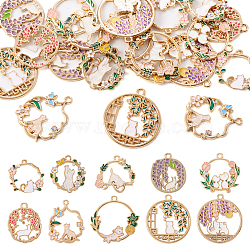 20Pcs 10 Style Alloy Enamel Pendants, with Rhinestone, Golden, Flat Round & Ring with Cat, Mixed Color, 23~30.5x22~28x2mm, Hole: 1.8~2mm, 2pcs/style(ENAM-TA0001-50)