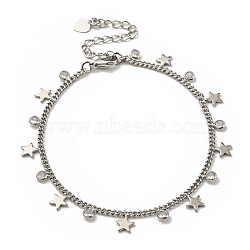 Brass Star & Glass Flat Round Charm Bracelets with Curb Chains, Platinum, 7-1/8 inch(18cm)(NJEW-R263-25P)