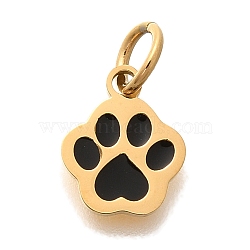 PVD Vacuum Plating 304 Stainless Steel Enamel Charms, with Jump Ring, Cat Paw Print Charm, Real 18K Gold Plated, Black, 9.5x8x1mm, Hole: 3.5mm(STAS-U035-06G)