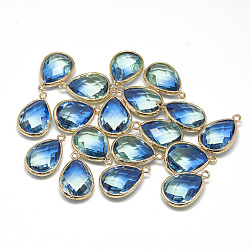 Glass Pendants, with Golden Tone Brass Findings, Faceted, teardrop, Dodger Blue, 23x15x7mm, Hole: 1.5~2mm(GLAA-Q068-12A-14)