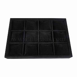 Velours Wooden Bracelet/Bangle/Watch Displays, 12 Compartments, Black, 35x24x5cm, Diameter: 160mm(BDIS-WH0003-01-WH)