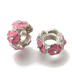 Rack Plating Alloy Enamel European Beads, with Rhinestone, Lead Free & Cadmium Free, Large Hole Beads, Flower, Hot Pink, 11.5x6mm, Hole: 5mm(FIND-H005-26P-02)