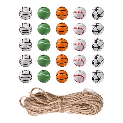 50Pcs 5 Styles Printed Natural Wood European Beads, Large Hole Beads, Baseball & Volleyball & Football & Basketball, with 1 Bundle Jute Cord, Mixed Color, Bead: 16x15mm, Hole: 4mm, 10pcs/style(WOOD-YW0001-06)