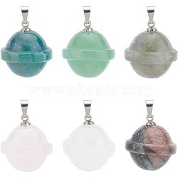 Unicraftale 6Pcs 6 Styles Natural Mixed Stone Pendants, Natural Glaucophane & Indian Agate & Labradorite & Green Aventurine & Rose Quartz & Quartz Crystal, with Stainless Steel Findings, Planet, Stainless Steel Color, 22.5x20mm, Hole: 3x5mm, 1pc/style(FIND-UN0001-38)