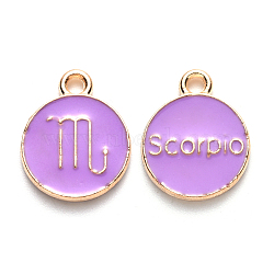 Alloy Enamel Pendants, Cadmium Free & Lead Free, Flat Round with Constellation, Light Gold, Medium Purple, Scorpio, 15x12x2mm, Hole: 1.5mm(ENAM-S124-01B-01L)