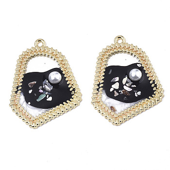 Epoxy Resin Pendants, with Shell and ABS Plastic Imitation Pearl, Light Gold Plated Alloy Open Back Bezel, Black, 27x36x5mm, Hole: 1.8mm