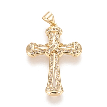 Brass Micro Pave Cubic Zirconia Pendants, Cross, Clear, Real 18K Gold Plated, 34.5x23.5x3.5mm, Hole: 5.5x3.5mm