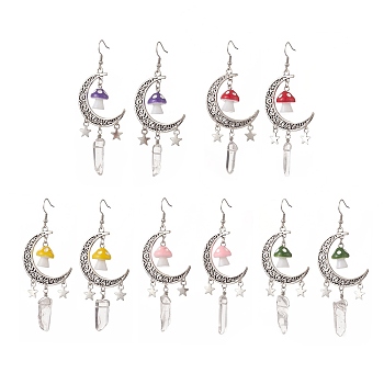 Alloy Moon with Star Chandelier Earrings, Resin Mushroom & Natural Quartz Crystal Long Drop Earrings for Women, Mixed Color, 90mm, Pin: 0.6mm