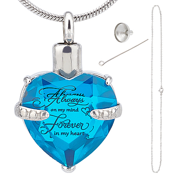 March Glass Urn Pendant Necklace DIY Making Kit, Including 1Pc Heart Glass Urn Pendant with Always On My Mind Forever In My Heart, 1Pc 304 Stainless Steel Women Chain Necklaces, 1 set Stainless Steel Mini Funnel, Deep Sky Blue, Pendant: 33x21.5x11.5mm, Hole: 5mm