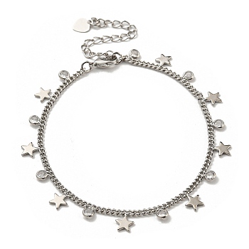 Brass Star & Glass Flat Round Charm Bracelets with Curb Chains, Platinum, 7-1/8 inch(18cm)