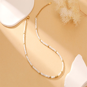 Dyed Natural Shell Disc Beaded Necklaces, with Brass Clasp, White, 16.54 inch(420mm)