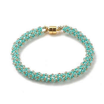 Glass Seed Beaded Bracelet with Brass Magnetic Clasps, Braided Bracelet for Women, Turquoise, 7-1/2 inch(19cm)