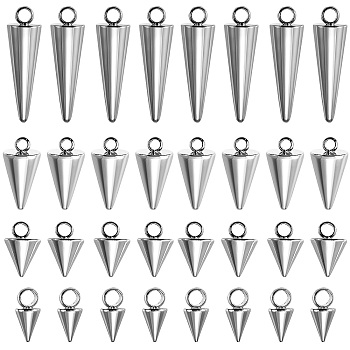 40Pcs 4 Style 304 Stainless Steel Pendants, Spike/Cone, Stainless Steel Color, 6.5~18x3~7mm, Hole: 1.8~2mm, 10pcs/style
