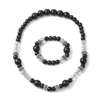 Natural Wood & Glass Beaded Necklaces and Stretch Bracelet, Jewelry Set, Black, Necklaces: 21 inch(53.2cm), Bracelets: Inner Diameter: 2 inch(5cm)