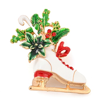 Christmas Theme Golden Zinc Alloy with Rhinestone Brooches, Enamel Pins, Shoes, 34x32x6mm