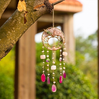 Round Natural Gemstone Chips Hanging Suncatchers, with Glass Beads & Iron Ring and Brass Wire for Outdoor & Garden Decor, Golden, 355mm