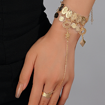 Vintage Real 18K Gold Plated Multi-layer Coin Fringe Hand Back Ring Bracelets for Women