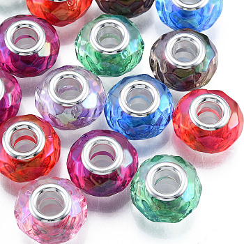 Transparent Large Hole Acrylic European Beads, with Silver Color Plated Iron Double Cores, Rondelle, Mixed Color, 15x8.5mm, Hole: 5mm