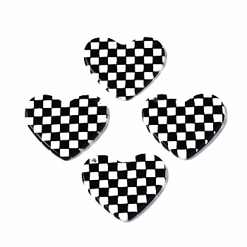 Opaque Cellulose Acetate(Resin) Pendants, Heart with Grid Pattern, Black, 23.5x27.5x2.5mm, Hole: 1.4mm