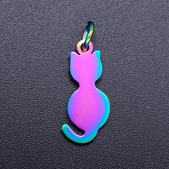 Ion Plating(IP) 201 Stainless Steel Kitten Pendants, with Jump Rings, Cat Silhouette Shape, Rainbow Color, 17x8x1mm, Jump Ring: 5x0.8mm, Inner Diameter: 3mm