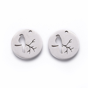 201 Stainless Steel Pendants, Manual Polishing, Flat Round with Bird, Stainless Steel Color, 16x1.5mm, Hole: 1.5mm