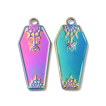 Ion Plating(IP) Halloween 304 Stainless Steel Pendants, Coffin with Spider Charm, Rainbow Color, 32x14x2mm, Hole: 2.5mm