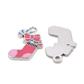 Alloy Enamel Pendants, Christmas Stockings, Lead Free and Cadmium Free, Platinum Color, Hot Pink, 27x16x2mm, Hole: 3mm