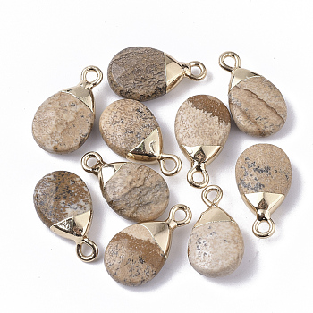 Natural Picture Jasper Pendants, with Top Golden Plated Iron Loops, Teardrop, Faceted, 17~19x10x5mm, Hole: 1.8mm