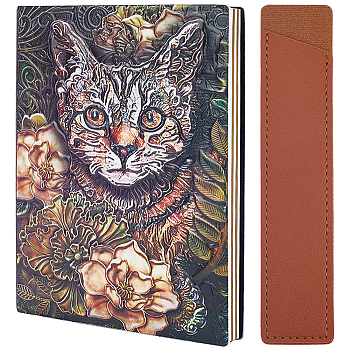 1 Book A5 3D Embossed PU Leather Notebook, with Paper Inside, for School Office Supplies, 1Pc PU Leather Single Pen Holder Case, Cat Shape, Notebook: 213x145x17.5~21mm, Pen Case: 167x35x2.5mm
