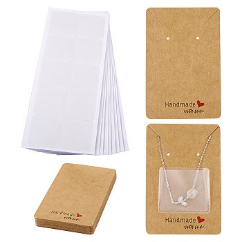 100Pcs Ractangle Kraft Paper Necklace Earring Display Cards, with 100Pcs Plastic Necklace Chain Adhesive Pouch for Necklace Display Cards, Loose Chain Jewelry Supplies, BurlyWood, Adhesive Pouch: 43x37x0.4mm, Card: 222x85.5x0.6mm, Display Cards: 90x60x0.5mm