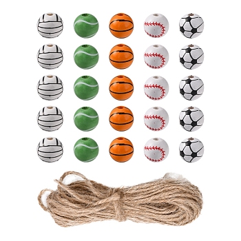 50Pcs 5 Styles Printed Natural Wood European Beads, Large Hole Beads, Baseball & Volleyball & Football & Basketball, with 1 Bundle Jute Cord, Mixed Color, Bead: 16x15mm, Hole: 4mm, 10pcs/style