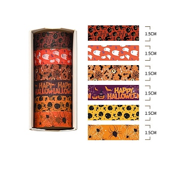 6 Rolls Halloween Theme Paper Decorative Paper Tapes Set, Adhesive Tapes, for DIY Scrapbooking Supplie Gift Decoration, Mixed Color, 15x0.2mm, 2m/roll