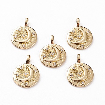 Brass Micro Pave Clear Cubic Zirconia Pendants, Flat Round with Moon & Star, Real 18K Gold Plated, 18x13x4mm, Hole: 2x3mm